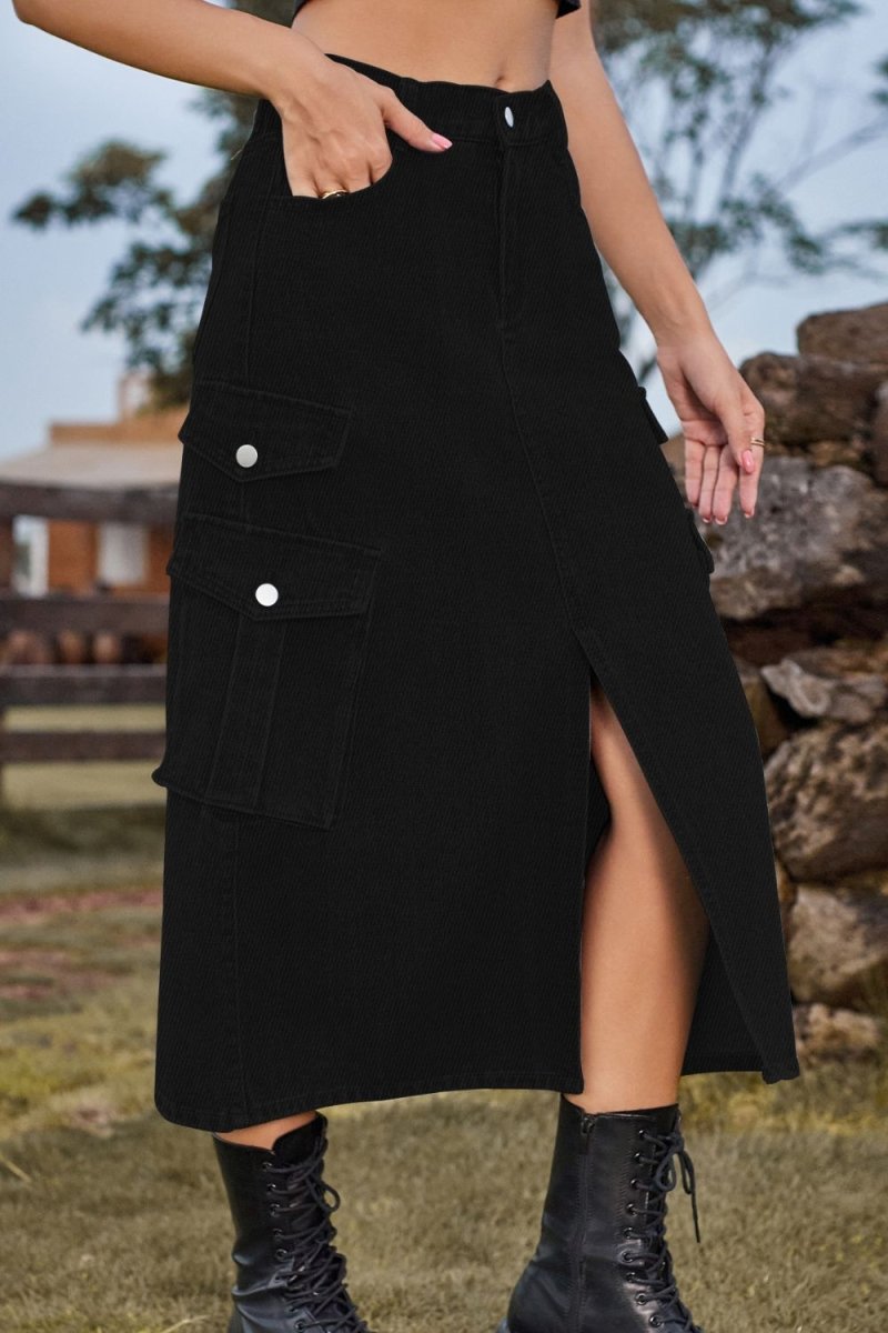 Slit Front Midi Denim Skirt with Pockets - Bottoms