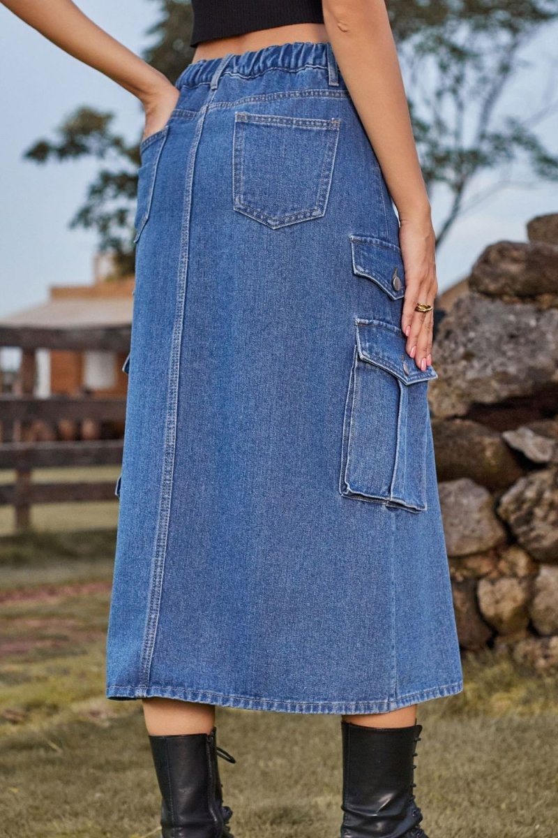 Slit Front Midi Denim Skirt with Pockets - Bottoms