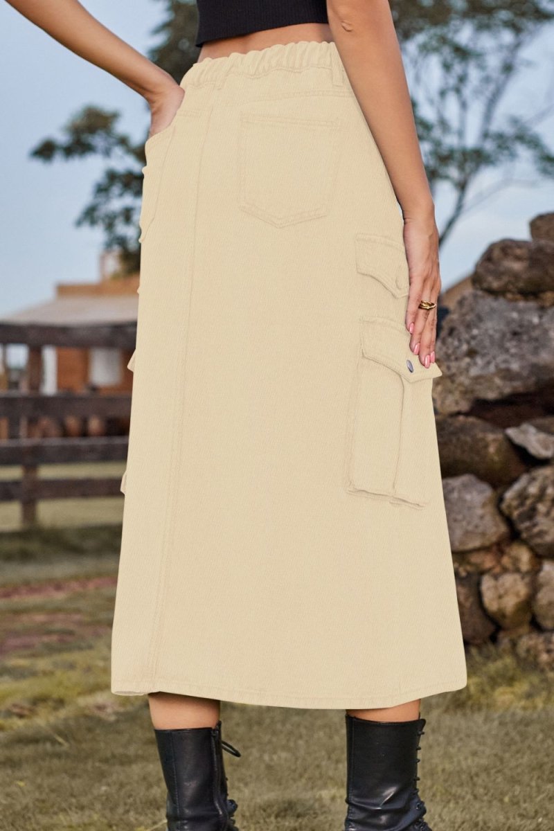Slit Front Midi Denim Skirt with Pockets - Bottoms