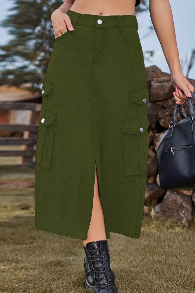 Slit Front Midi Denim Skirt with Pockets - Bottoms