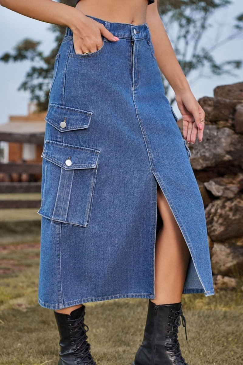 Slit Front Midi Denim Skirt with Pockets - Bottoms