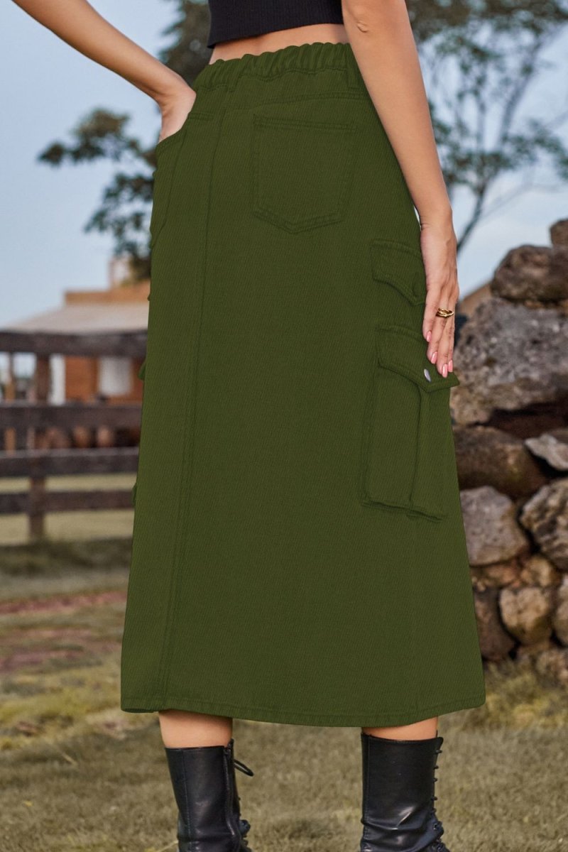Slit Front Midi Denim Skirt with Pockets - Bottoms