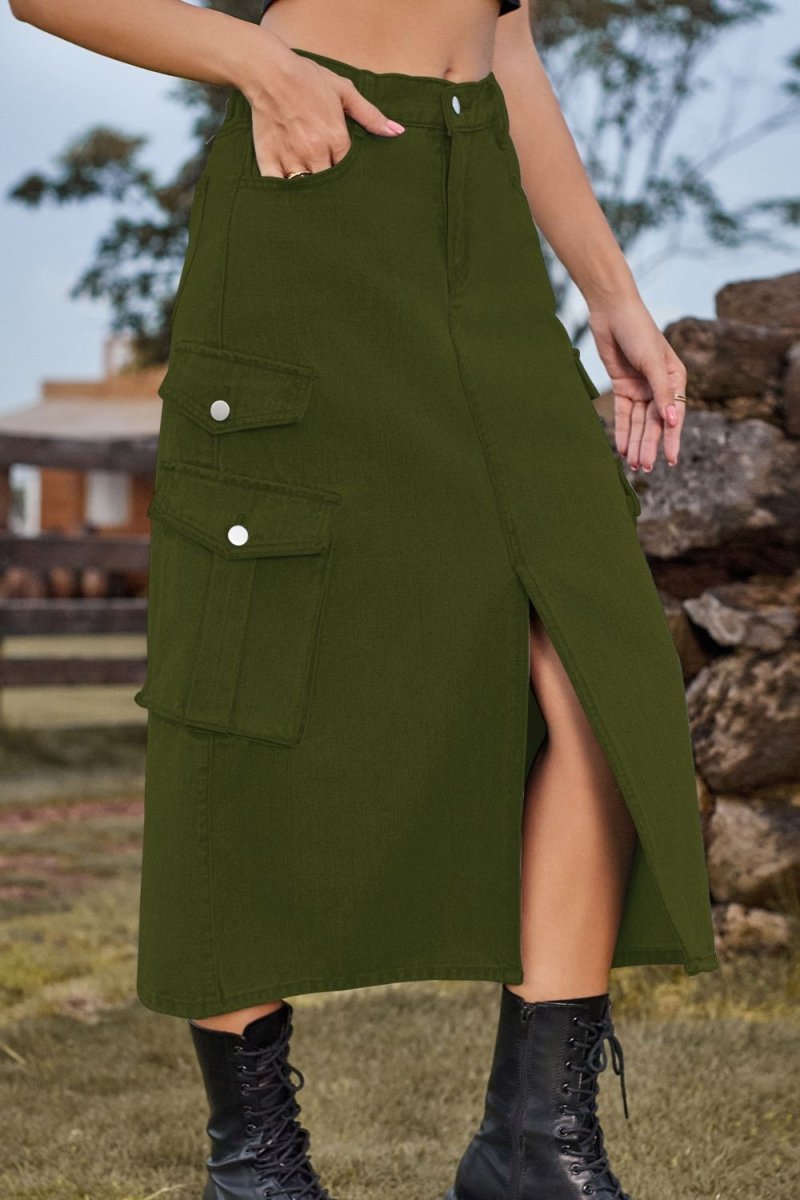 Slit Front Midi Denim Skirt with Pockets - Bottoms