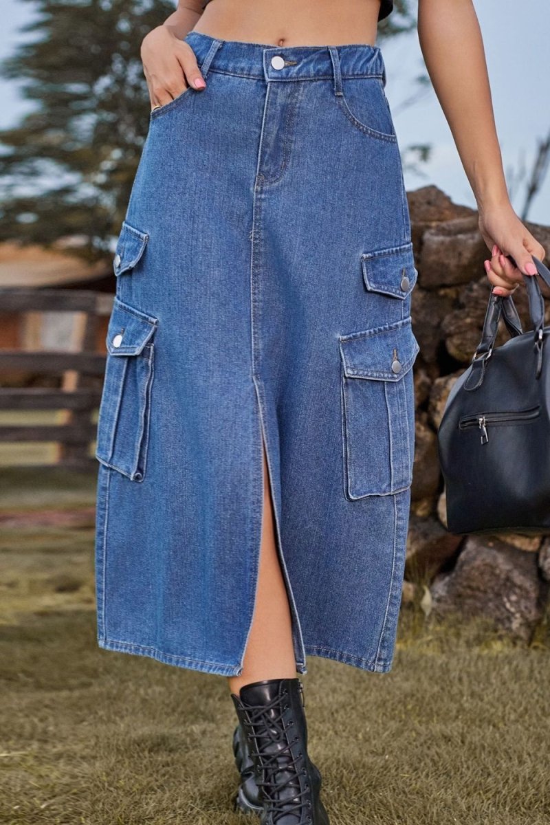 Slit Front Midi Denim Skirt with Pockets - Bottoms