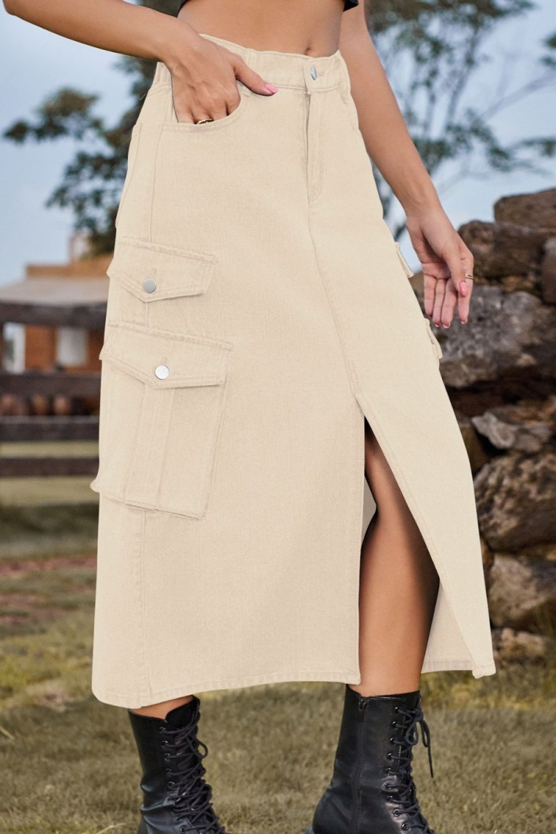 Slit Front Midi Denim Skirt with Pockets - Bottoms