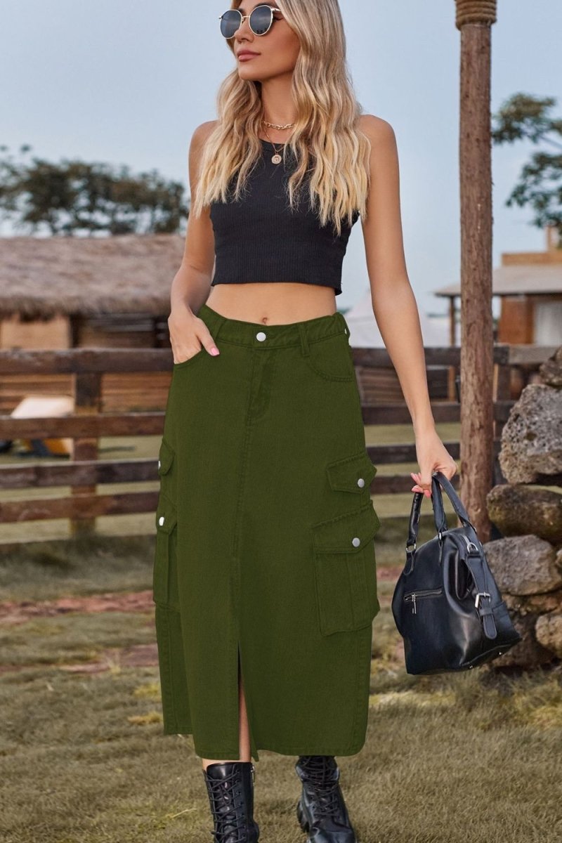 Slit Front Midi Denim Skirt with Pockets - Bottoms