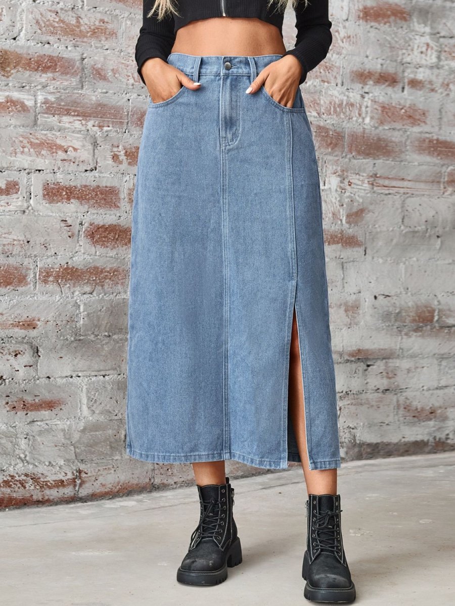 Slit High Waist Denim Skirt with Pockets - Bottoms