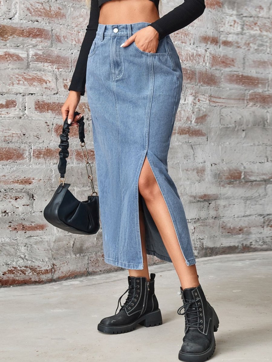 Slit High Waist Denim Skirt with Pockets - Bottoms