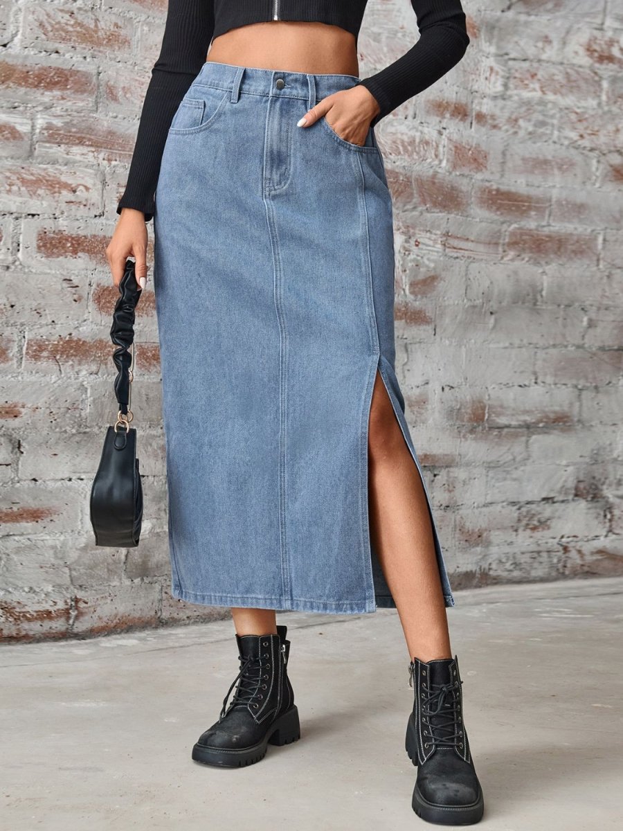Slit High Waist Denim Skirt with Pockets - Bottoms