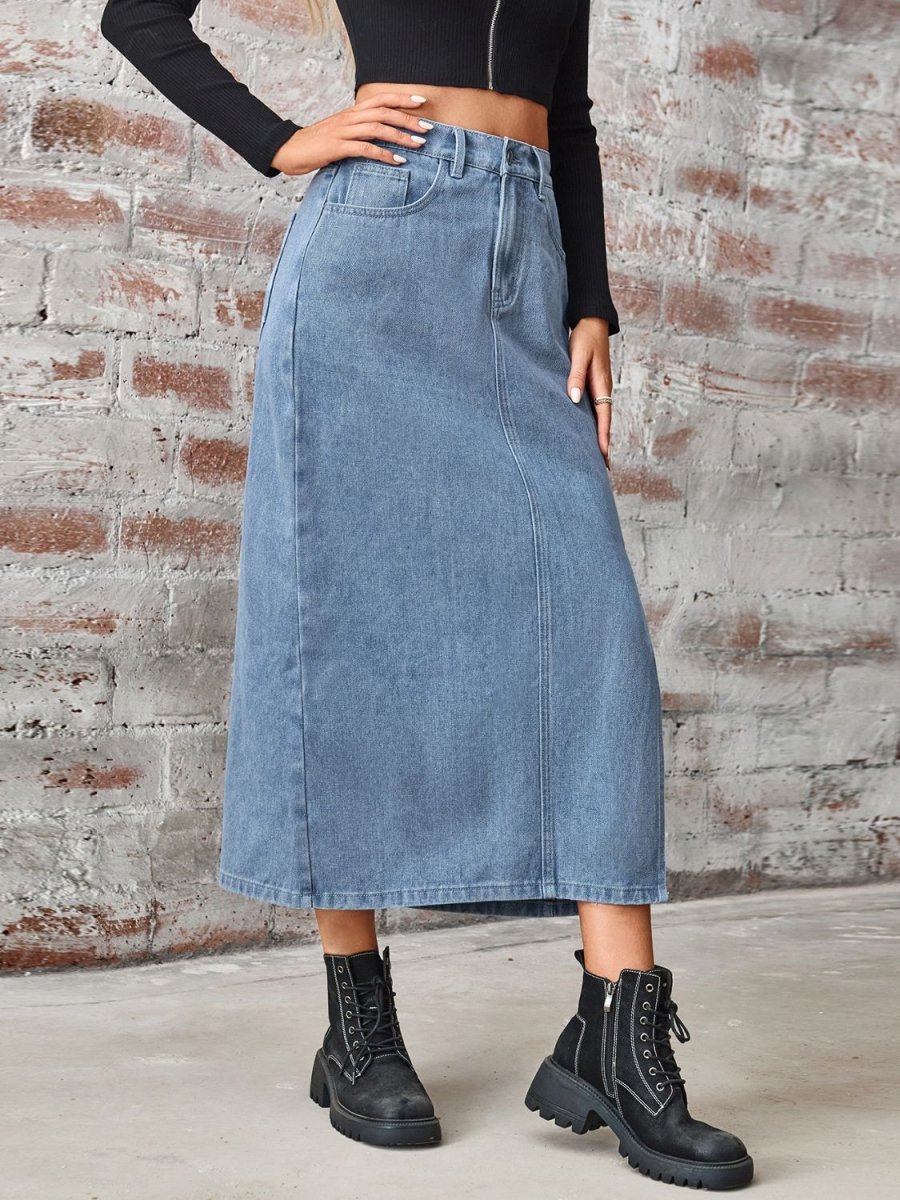 Slit High Waist Denim Skirt with Pockets - Bottoms