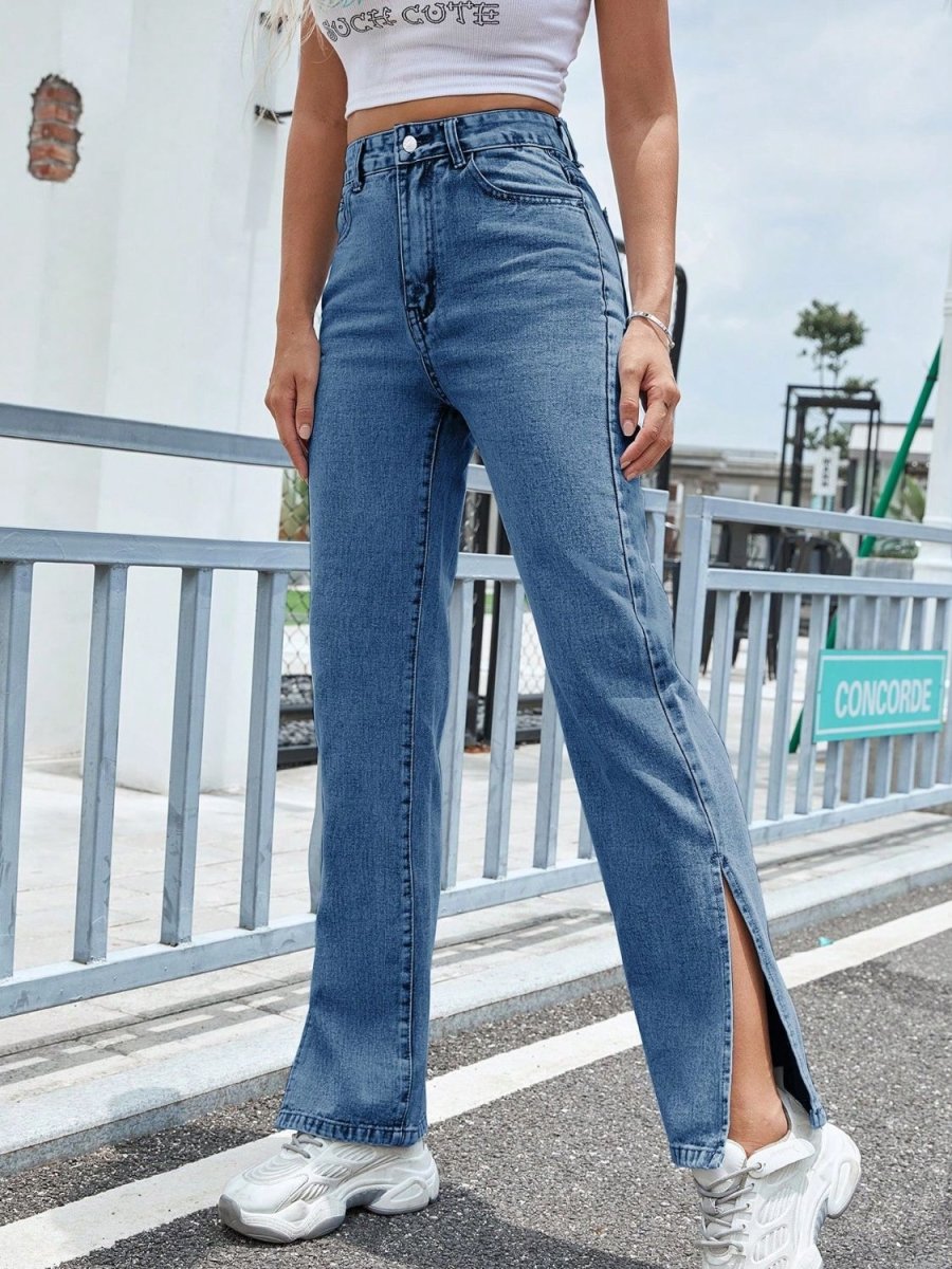 Slit High Waist Jeans with Pockets - Bottoms