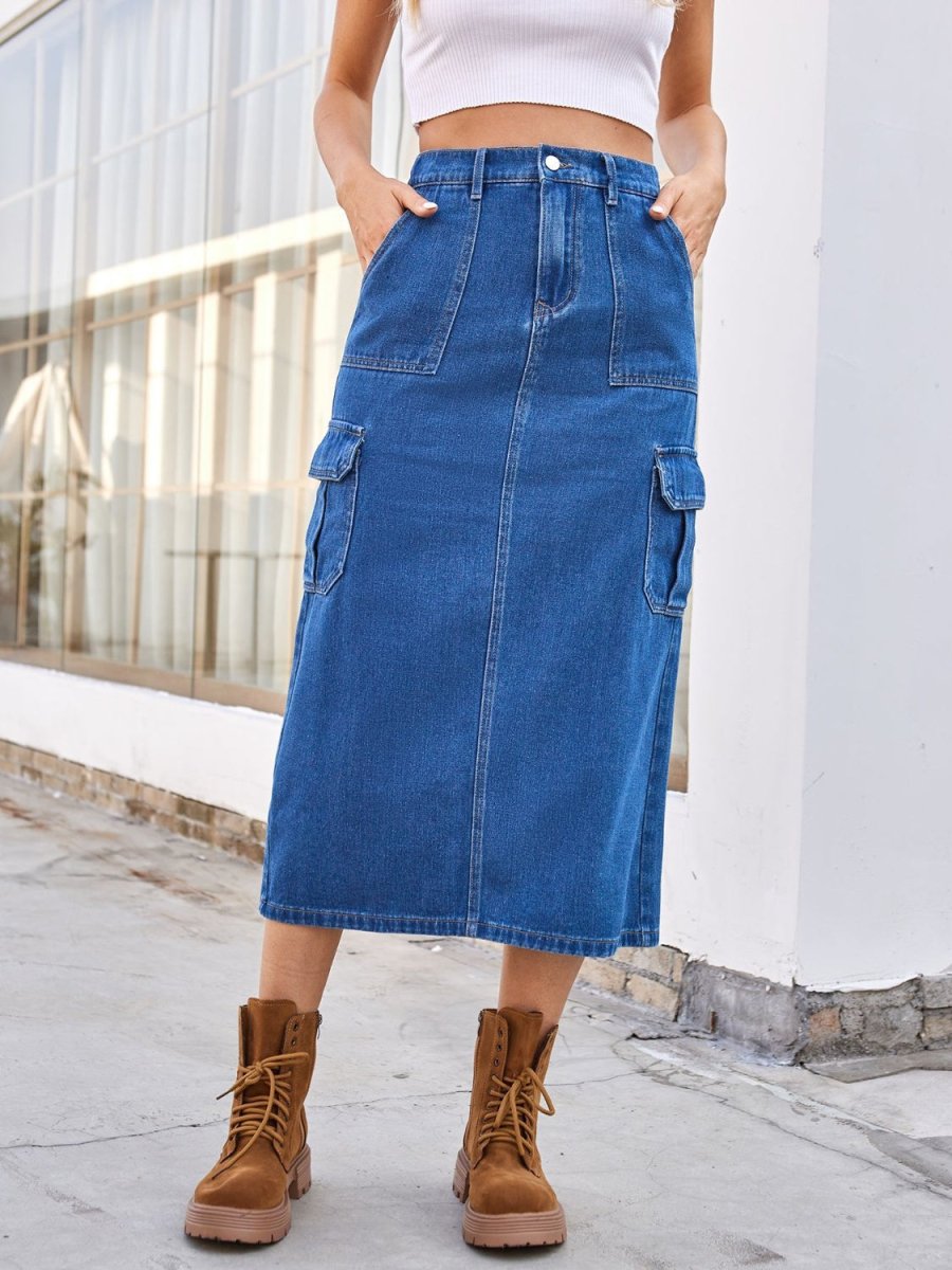 Slit Midi Denim Skirt with Pockets - Bottoms
