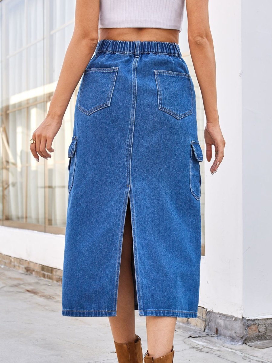 Slit Midi Denim Skirt with Pockets - Bottoms