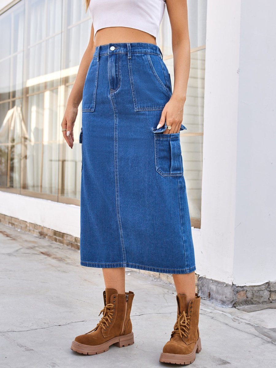 Slit Midi Denim Skirt with Pockets - Bottoms