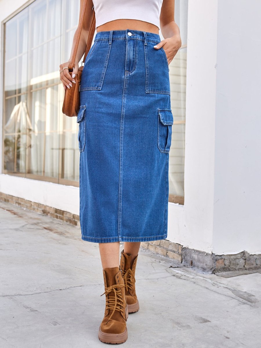 Slit Midi Denim Skirt with Pockets - Bottoms