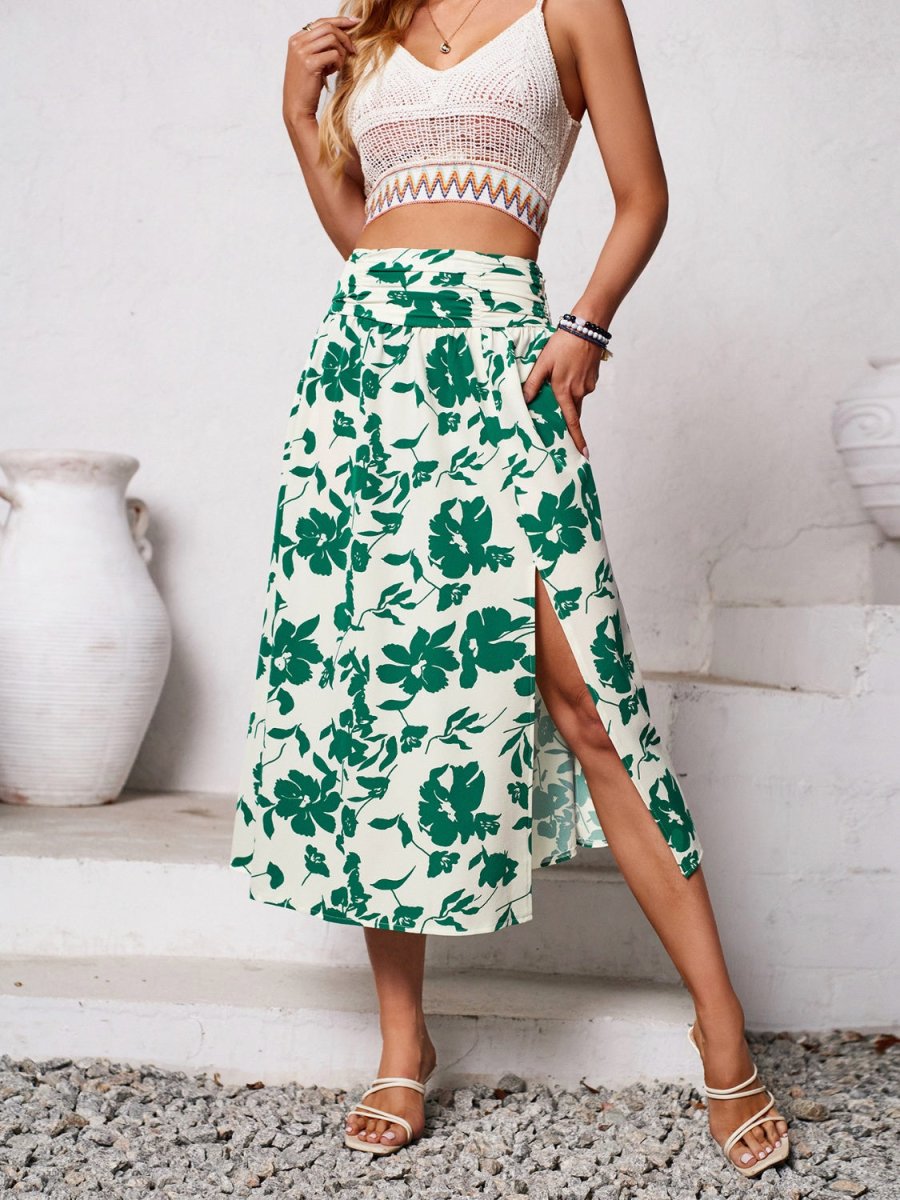 Slit Printed Midi Skirt - Bottoms