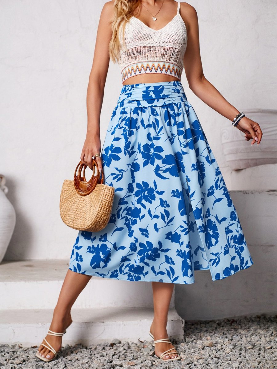 Slit Printed Midi Skirt - Bottoms