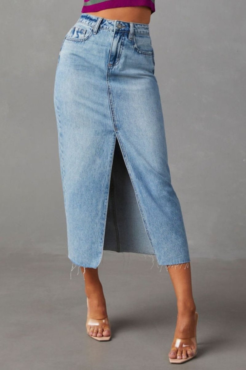 Slit Raw Hem Midi Denim Skirt - Bottoms