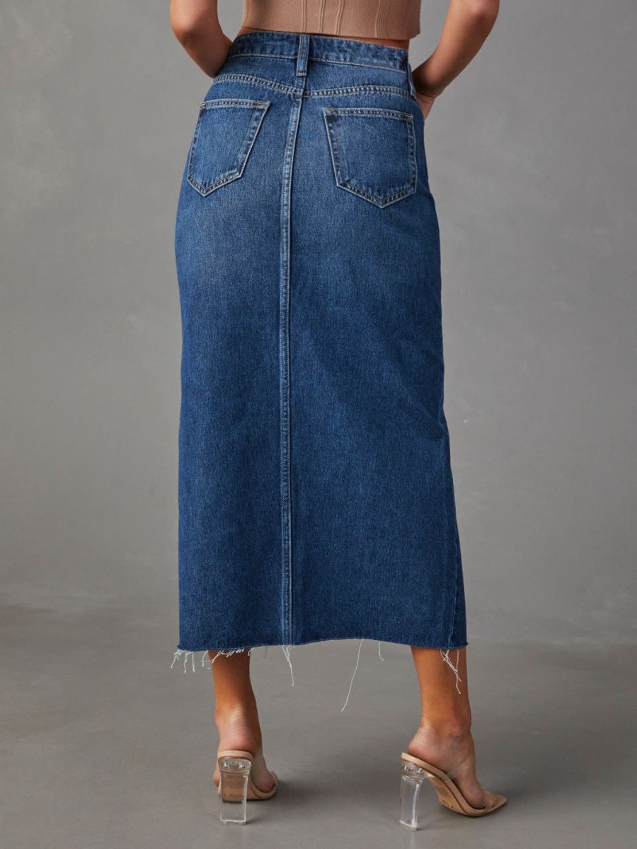 Slit Raw Hem Midi Denim Skirt - Bottoms