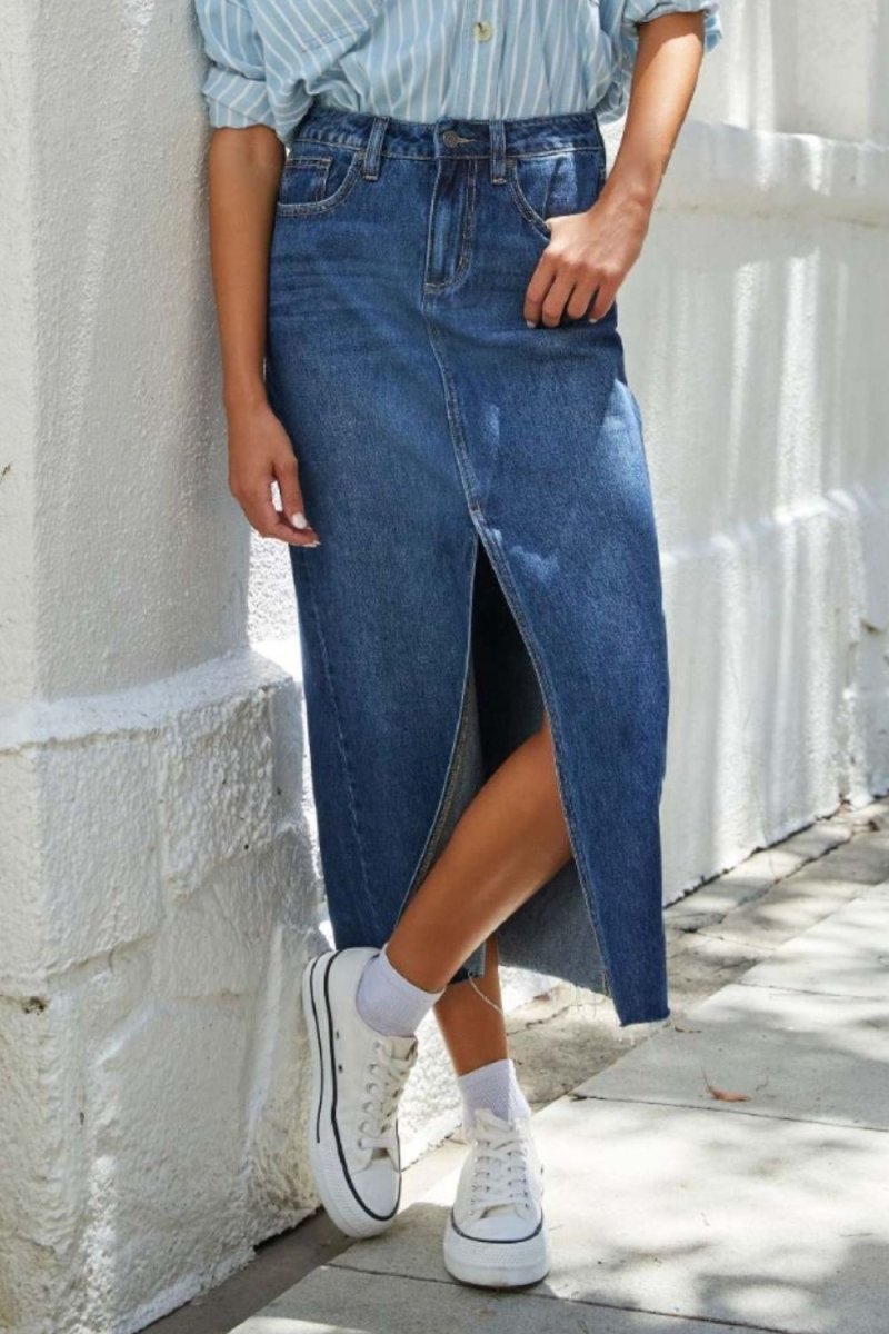Slit Raw Hem Midi Denim Skirt - Bottoms