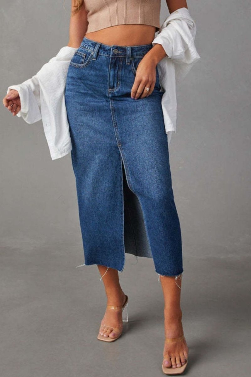 Slit Raw Hem Midi Denim Skirt - Bottoms