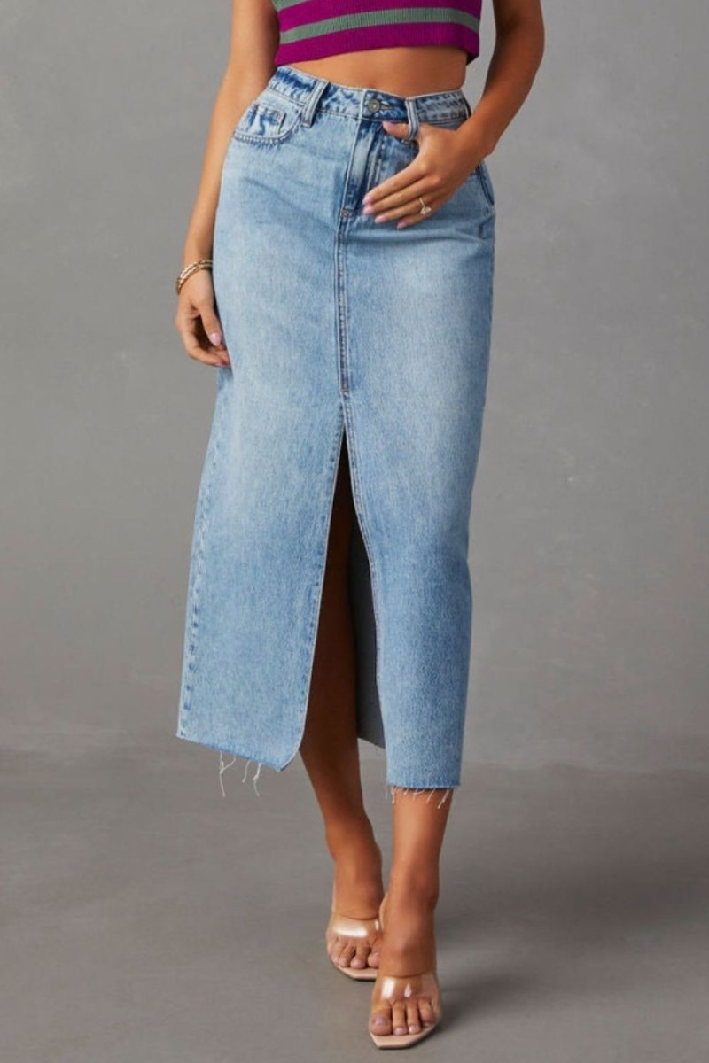 Slit Raw Hem Midi Denim Skirt - Bottoms