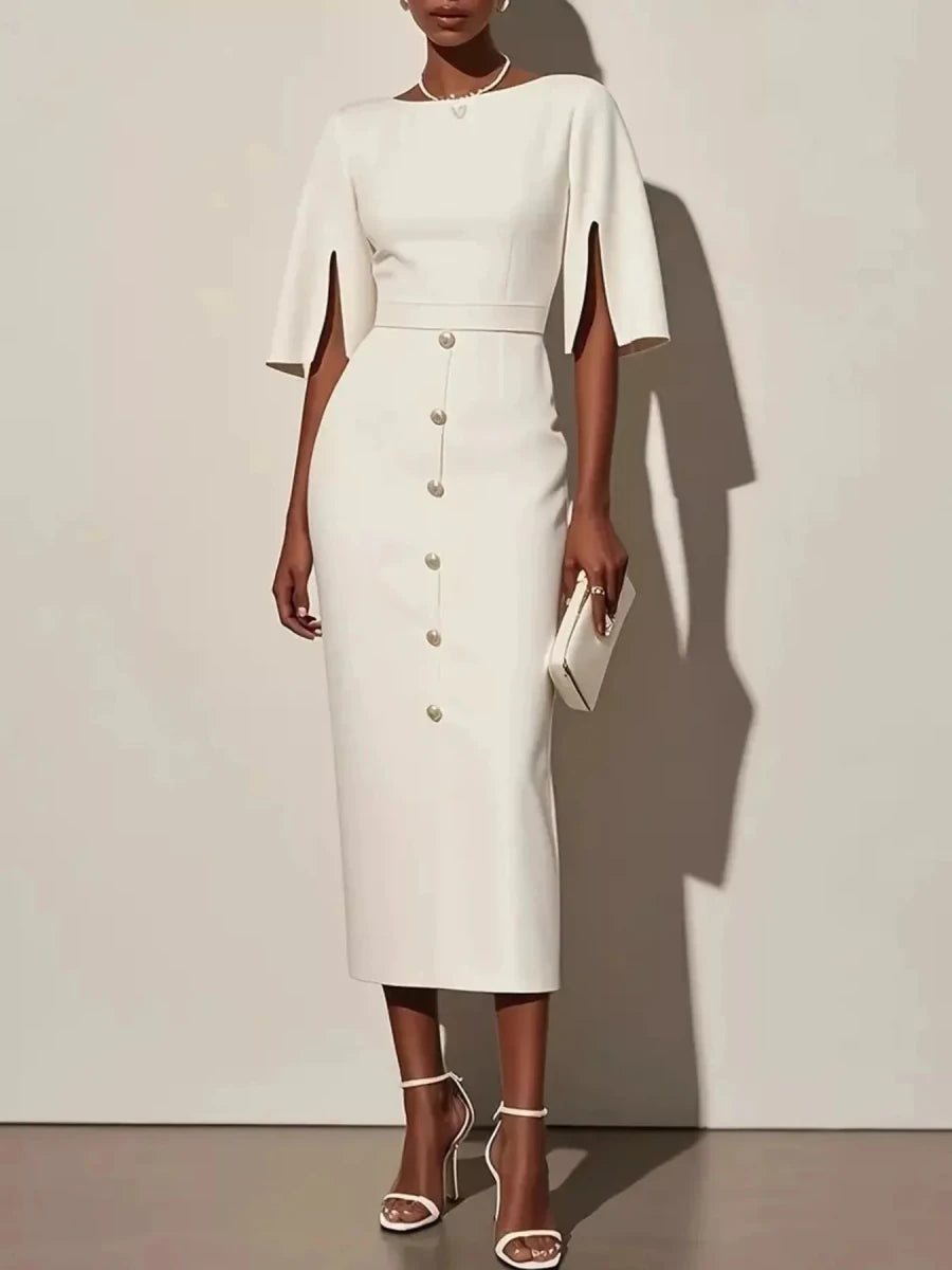 Slit Sleeve Midi Dress with Decorative Button - 
