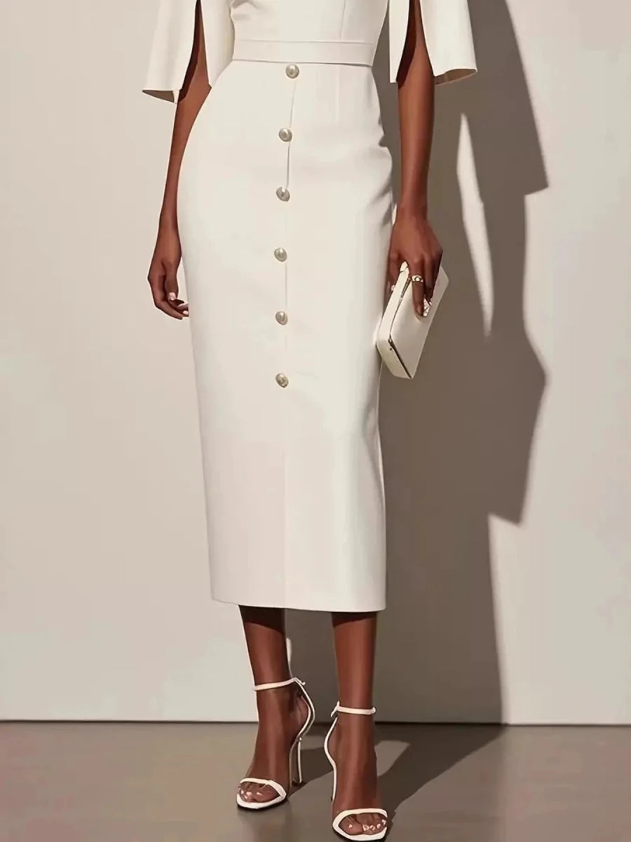 Slit Sleeve Midi Dress with Decorative Button - 