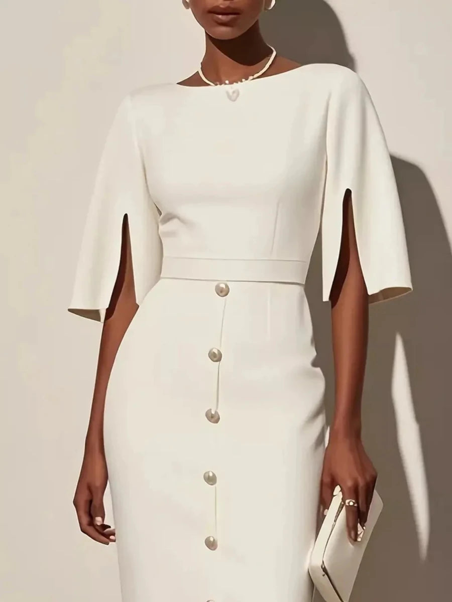 Slit Sleeve Midi Dress with Decorative Button - 