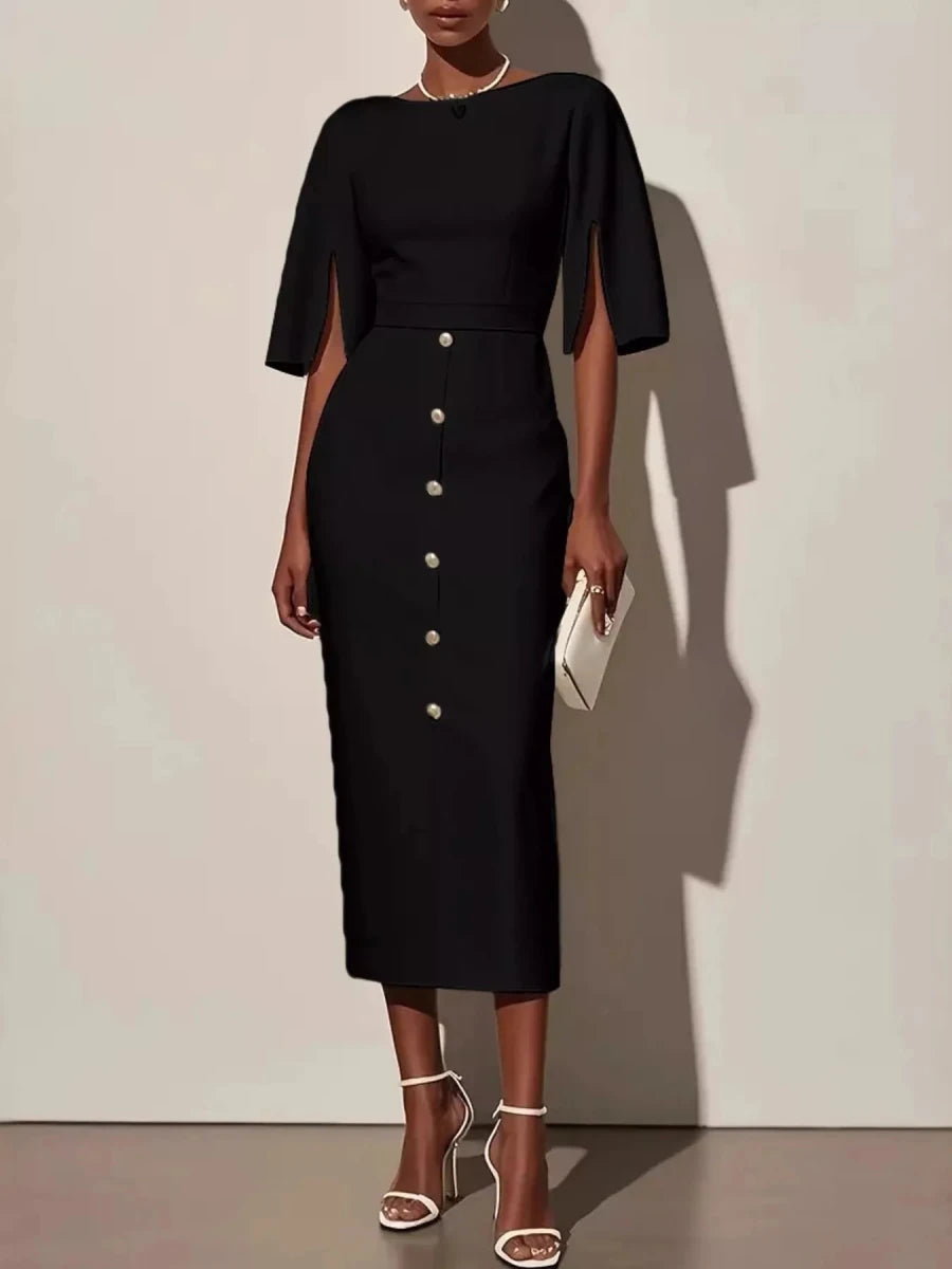 Slit Sleeve Midi Dress with Decorative Button - 