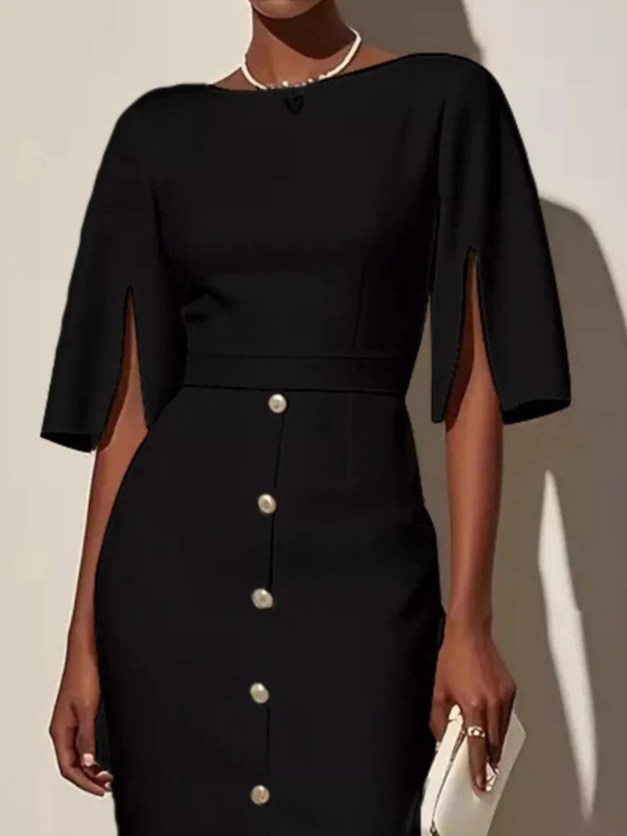 Slit Sleeve Midi Dress with Decorative Button - 