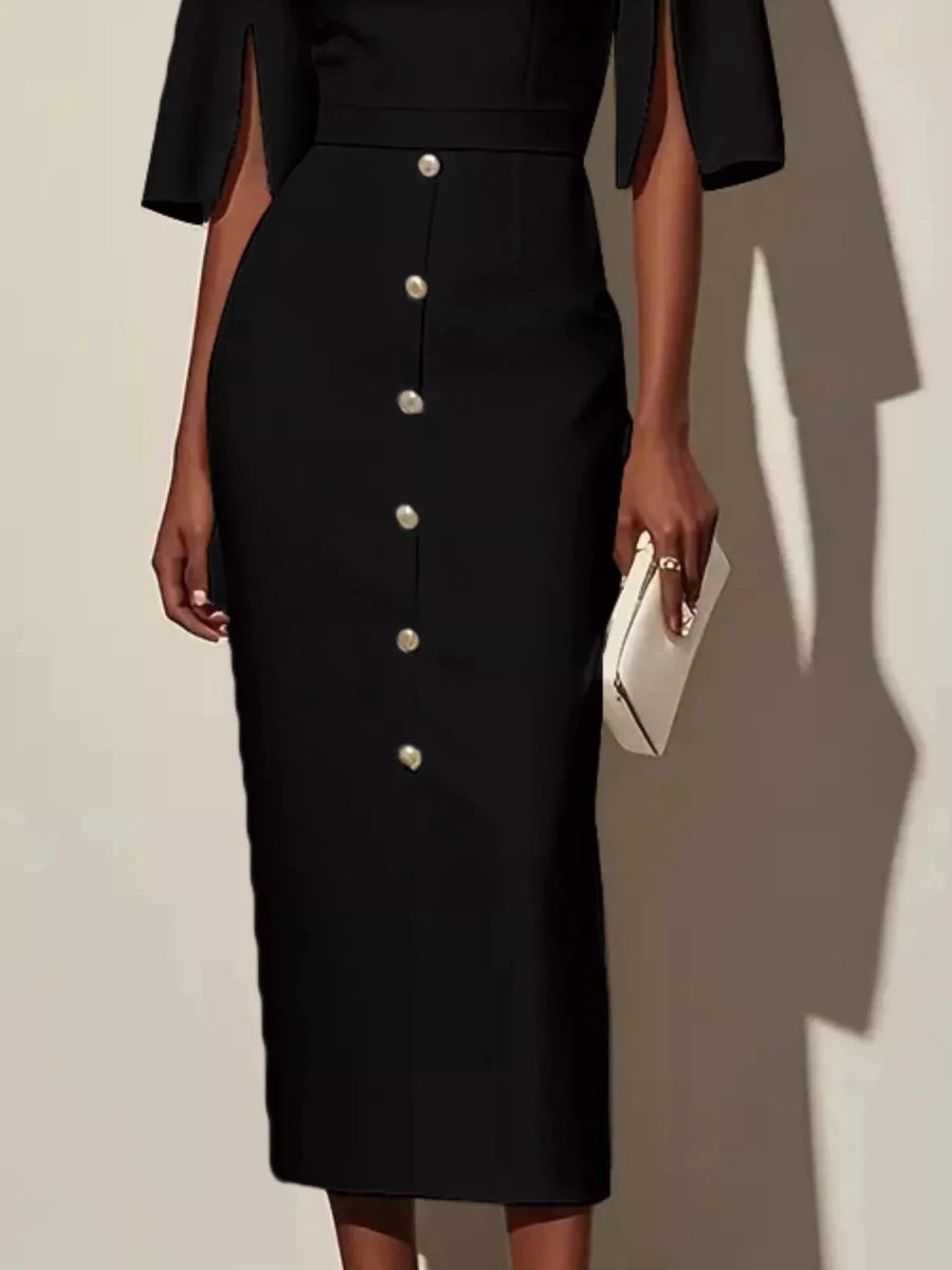 Slit Sleeve Midi Dress with Decorative Button - 