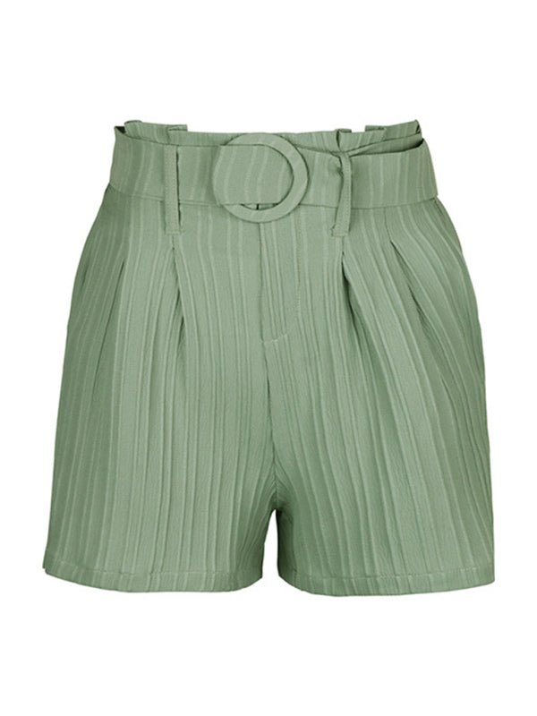 Small fresh green solid color pleated shorts - Bottoms