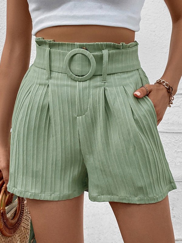 Small fresh green solid color pleated shorts - Bottoms