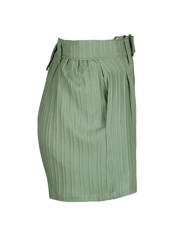 Small fresh green solid color pleated shorts - Bottoms