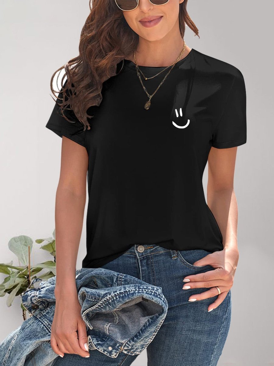 Smile Graphic Round Neck Short Sleeve T-Shirt - Top