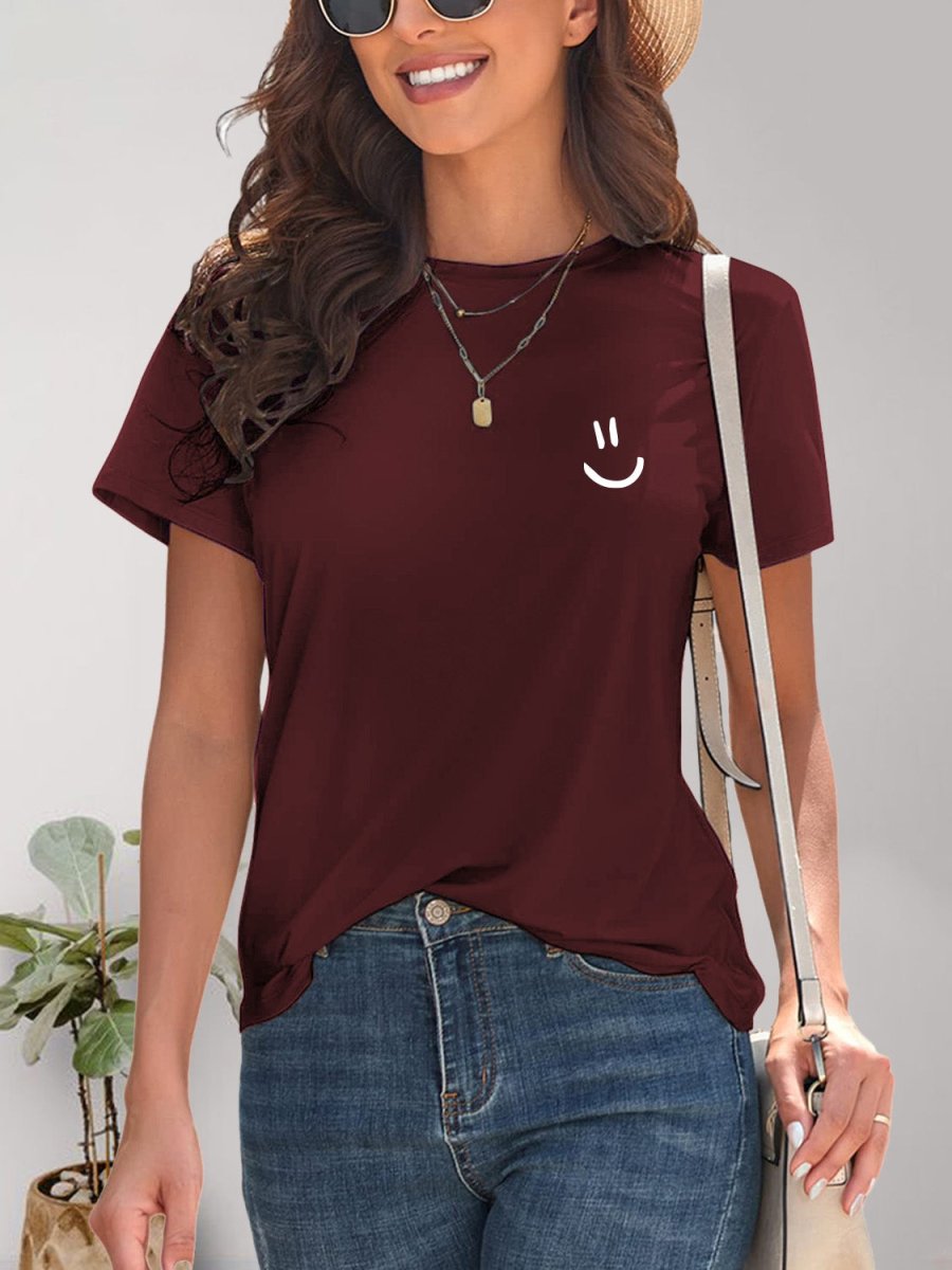 Smile Graphic Round Neck Short Sleeve T-Shirt - Top