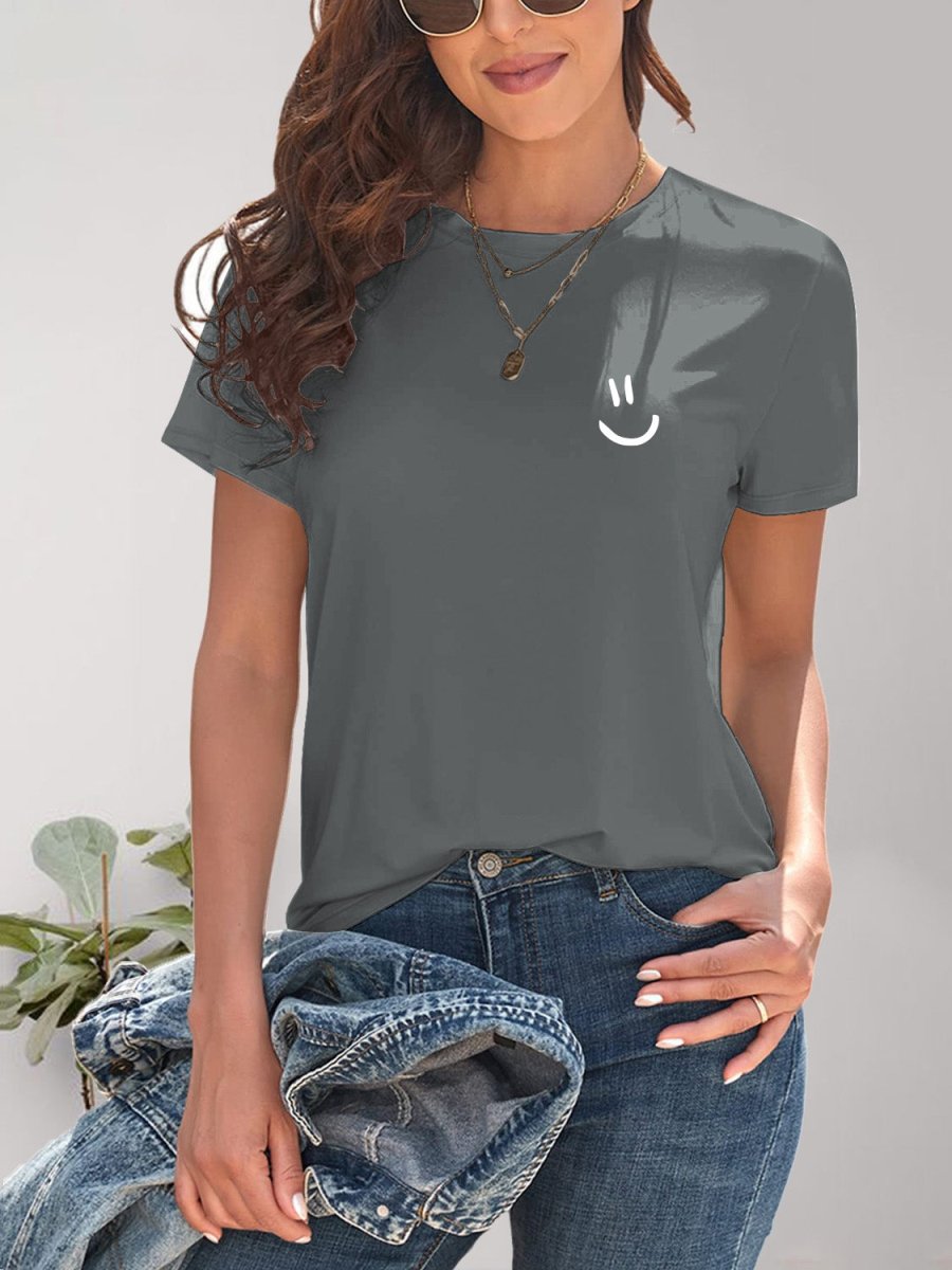 Smile Graphic Round Neck Short Sleeve T-Shirt - Top