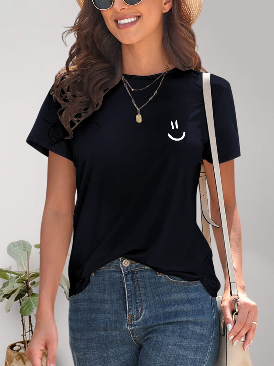 Smile Graphic Round Neck Short Sleeve T-Shirt - Top