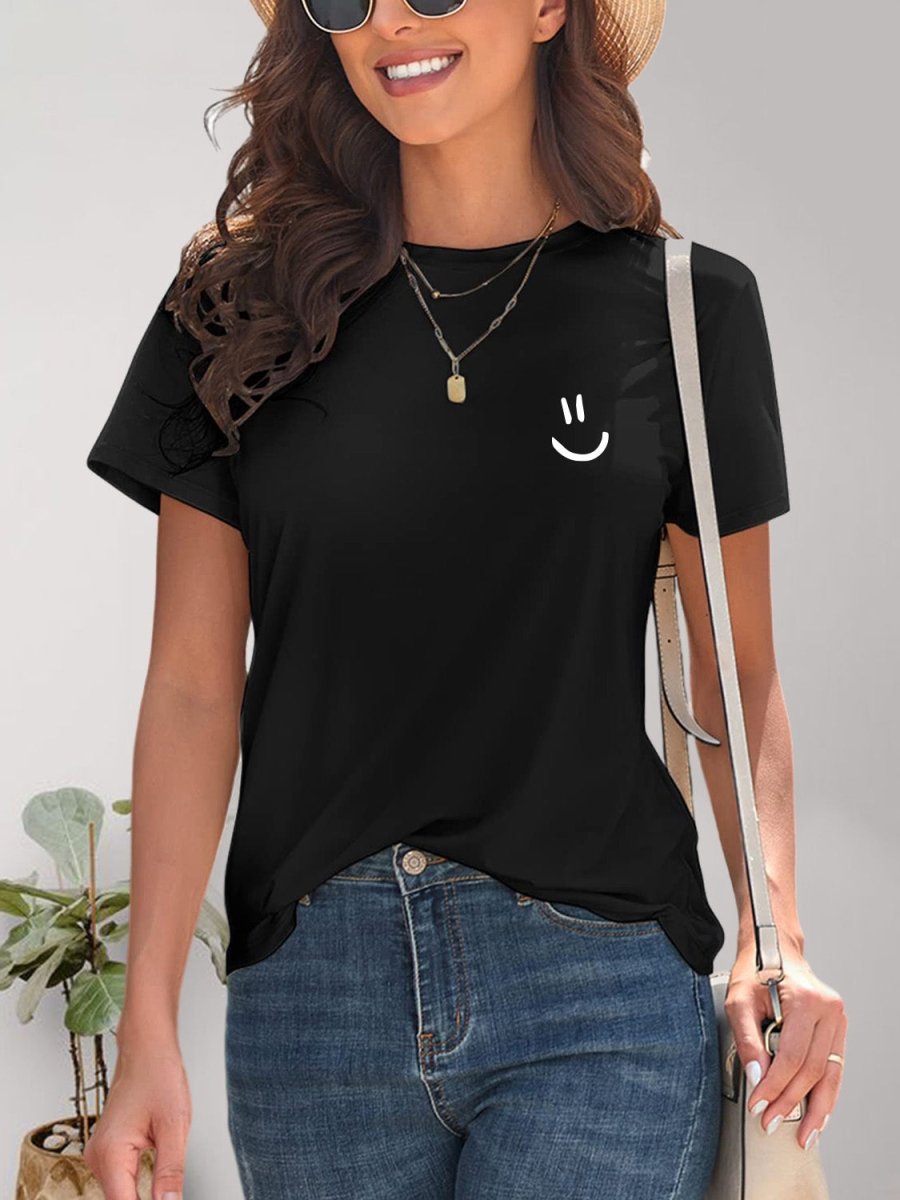 Smile Graphic Round Neck Short Sleeve T-Shirt - Top