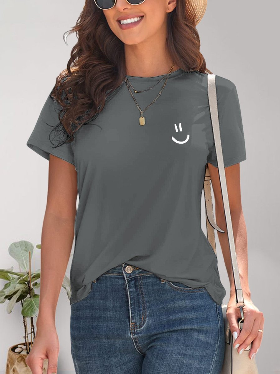 Smile Graphic Round Neck Short Sleeve T-Shirt - Top