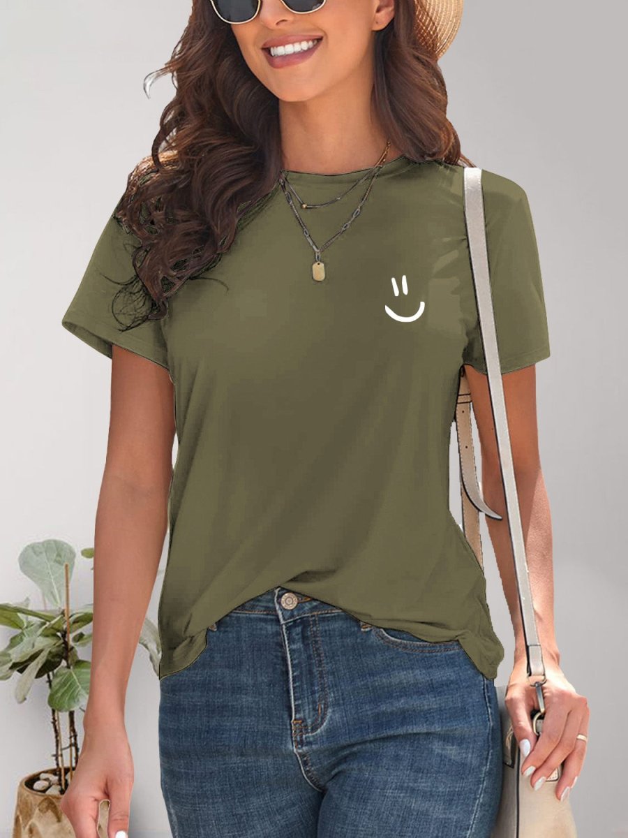 Smile Graphic Round Neck Short Sleeve T-Shirt - Top
