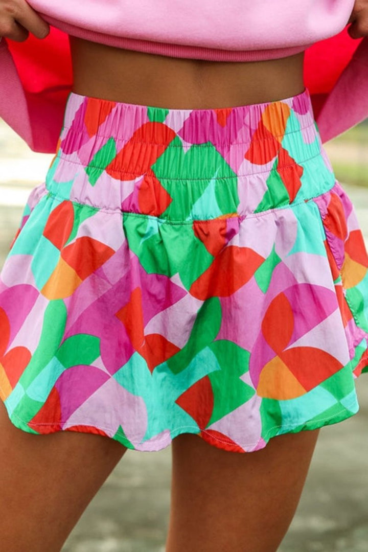 Smocked Contrast Print High Waist Skort - Bottoms