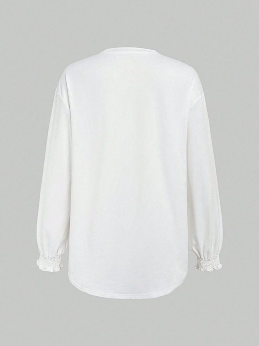 Smocked Cuff Round Neck Long Sleeve T-Shirt - Top
