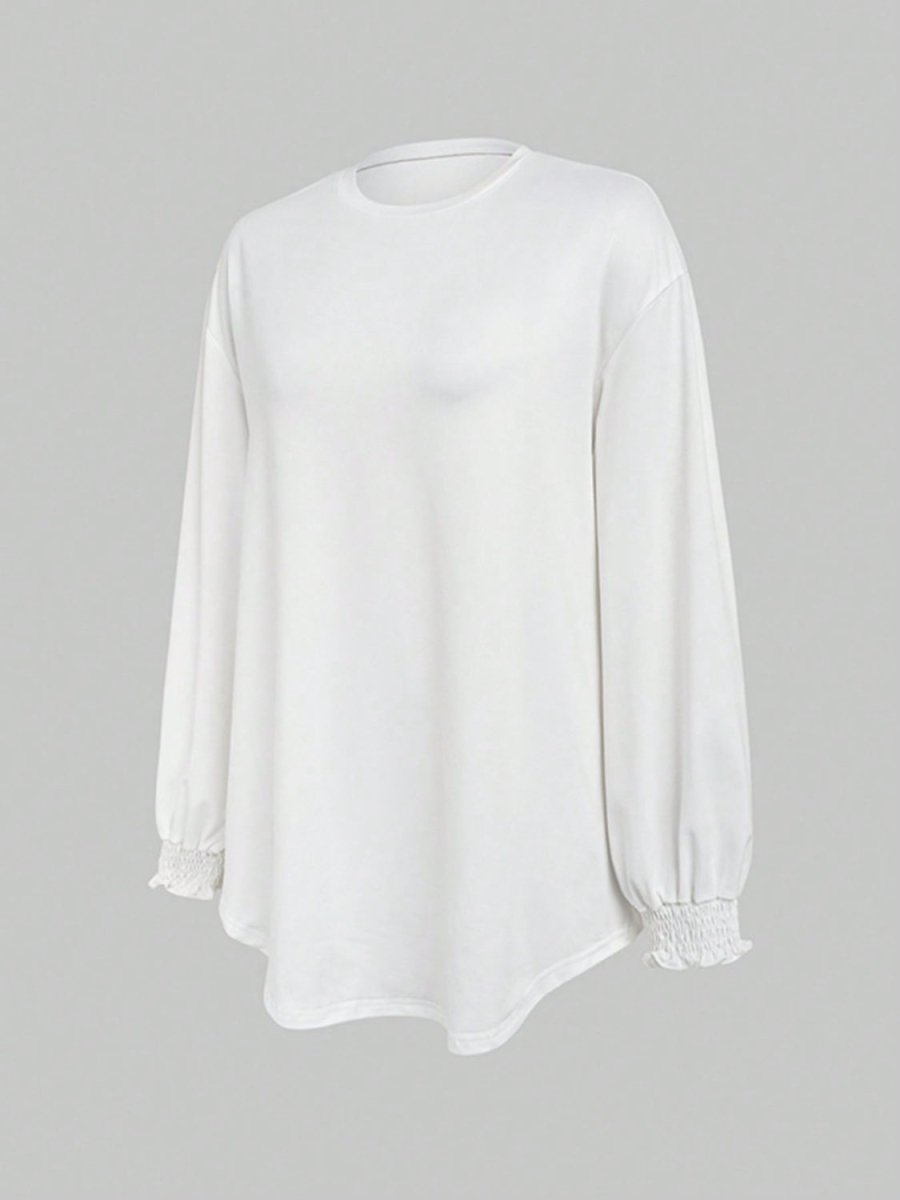 Smocked Cuff Round Neck Long Sleeve T-Shirt - Top