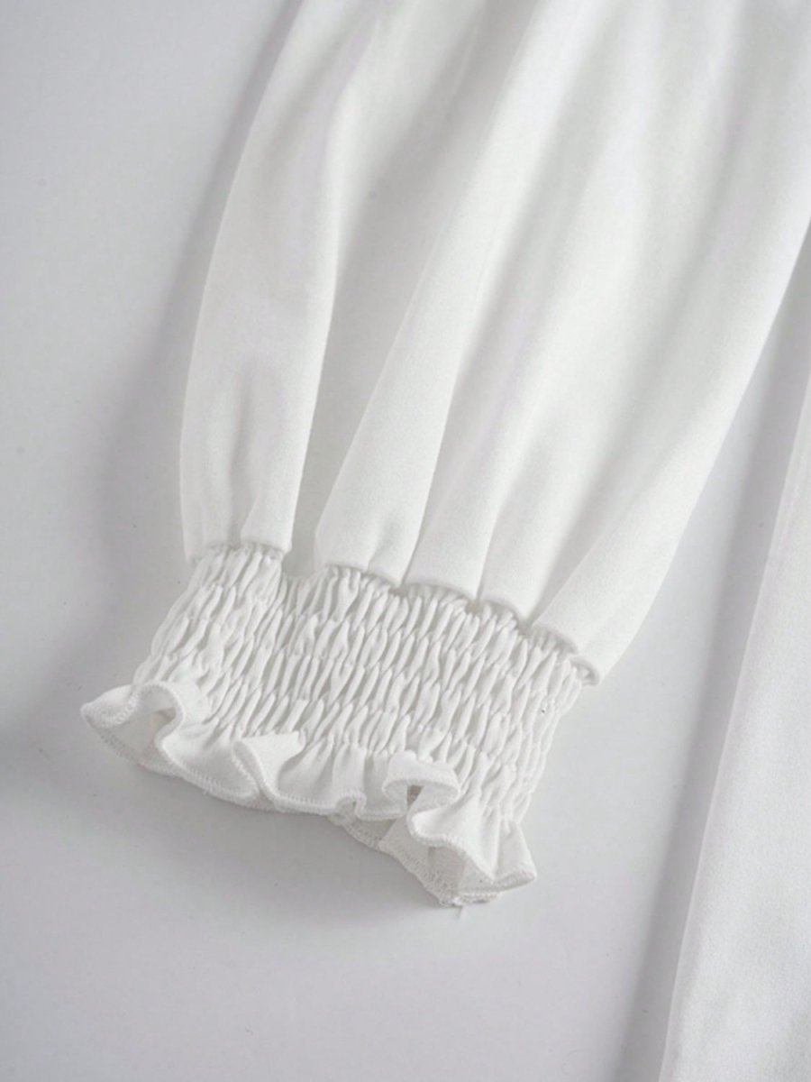 Smocked Cuff Round Neck Long Sleeve T-Shirt - Top