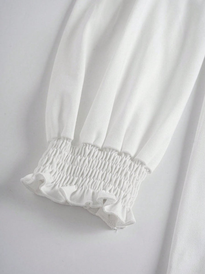 Smocked Cuff Round Neck Long Sleeve T-Shirt - Top