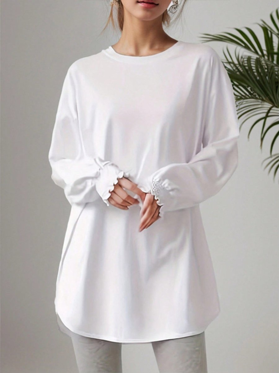 Smocked Cuff Round Neck Long Sleeve T-Shirt - Top