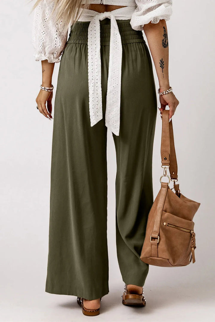 Smocked High Waist Wide Leg Pants - Bottoms