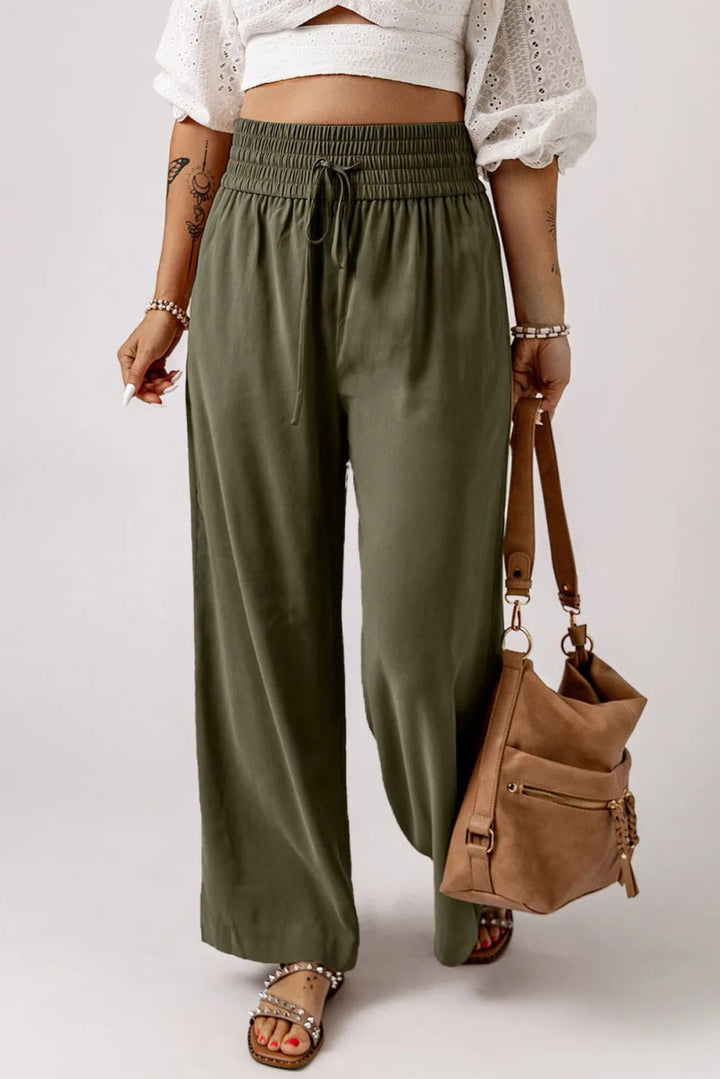 Smocked High Waist Wide Leg Pants - Bottoms
